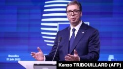 Serbian President Aleksandar Vucic gives a press conference after a meeting in Brussels in June.