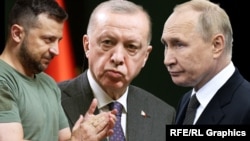 Volodımır Zelenskıy, Recep Tayyip Erdoğan ve Vladimir Putin. Kollaj