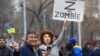 Kazakh anti-war protesters take part in a rally in support of Ukraine in Almaty on March 6. 