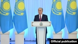 Kazakh President Qasym-Zhomart Toqaev speaks at state awards ceremony last month.
