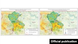 На карте, отражающей положение на 24 марта 2022 года, в зоне ответственности миротворческого контингента РФ в Нагорном Карабахе нет азербайджанских позиций, а на карте, отражающей положение на 09:00 29 марта 2022 года, видно, что в зоне ответственности миротворческого контингента РФ в Нагорном Карабахе уже размещены азербайджанские позиции (на обеих картах контур зоны ответственности миротворческого контингента РФ взят с сайта Минобороны РФ).