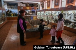 Ракыя Сыдыкова зоомузейдин көрүүчүлөрүнө ак илбирс тууралуу айтып берип жатат.