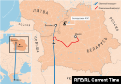 Карта воздушного инцидента с самолетом авиакомпании Ryanair, следовавшего рейсом FR4978 из Афин в Вильнюс, на котором летели и были арестованы в Минске после принудительной посадки Роман Протасевич и София Сапега