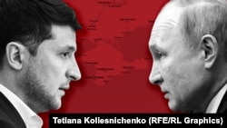 Volodımır Zelenskıy ve Vladimir Putin Qırım haritasınıñ fonunda. Kollaj