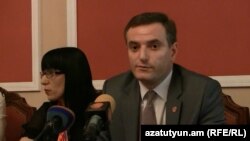 Armenia -- Artak Zakarian, (R) MP from the ruling Republican Party at a press briefing in the National Assembly, 03Jun2013
