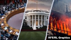 Коллаж – заседание Совбеза ООН, Белый дом и война 2008 года