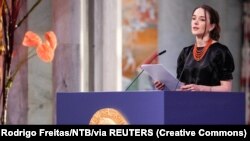 Олександра Матвійчук, голова українського «Центру громадянських свобод», виступає під час церемонії вручення її організації Нобелівської премії миру. Осло, Норвегія, 10 грудня 2022 року 