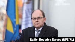 Christian Schmidt, who heads the UN Office of the High Representative in Bosnia, speaks to reporters in Sarajevo on April 12.