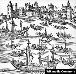 Гравюра 17-го століття, на якій зображено взяття Каффи козаками під проводом Петра Сагайдачного в 1616 році