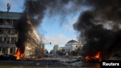 Ուկրաինա - Հրթիռակոծության հետևանքով բռնկված հրդեհներ Կիևում, 10-ը հոկտեմբերի, 2022թ.