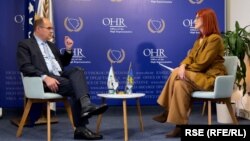 High Representative in Bosnia-Herzegovina Christian Schmidt (left) spoke with RFE/RL in Sarajevo on October 5.