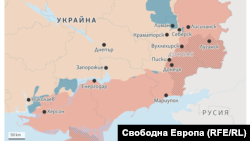 Орусиянын күчтөрү басып алган украин жерлери кызыл түс менен белгиленген. Бошотулган жерлер көгүш түс менен көрсөтүлгөн. 7-октябрга карата карта.