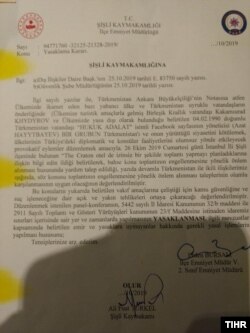 Şişli etrabynyň ýolbaşçysynyň aktiwistleri saklamak barada iberen haty.