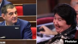 Armenia -- Former parliament deputy Gohar Yenokian (R) and a serving lawmaker Karo Karapetian.