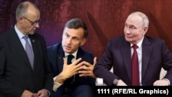 Ռուսաստանի նախագահ Վլադիմիր Պուտին, Ֆրանսիայի նախագահ Էմանյուել Մակրոն, Գերմանիայի կանցլեր Ֆրիդրիխ Մերց, կոլաժ