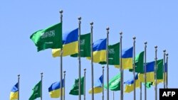 Flags of Saudi Arabia and Ukraine line the King Abdulaziz Road in the Saudi Red Sea port city of Jeddah ahead of a visit by the Ukrainian President on March 10, 2025.