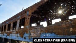 Вагон в городе Лиман, уничтоженный в ходе боёв