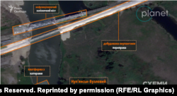 Супутниковий знімок добудованої російськими військовими переправи від 19 червня 2022 року