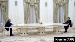 Уладзімір Пуцін і Эманюэль Макрон, Масква, 7 лютага 2022 г.