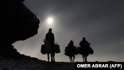 Ооганстанда эшекте суу ташып бараткандар. Сүрөт иллюстрация үчүн колдонулду.