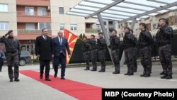 Interior Ministers Oliver Spasovski (left) of North Macedonia and Ivan Demerdziev of Bulgaria arrive for a meeting in Skopje on January 30.