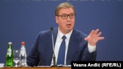 Serbian President Aleksandar Vucic addresses a press conference in Belgrade on August 21.
