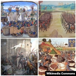 «100 жылдык согуштун» негизги окуялары: (жогортон оңду карай) Ля Рошел, Агинкур, Патай, Орлеан. Коллаж.