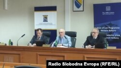Judges of Bosnia-Herzegovina's Constitutional Court Mato Tadić, president of the judges (center), and vice presidents Mirsad Ceman (right) and Miodrag Simovic (left) on July 15.