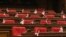 Armenia - Karabakh flags on empty seats of opposition lawmakers boycotting a session of the Armenian parliament, Yerevan, May 25, 2022.