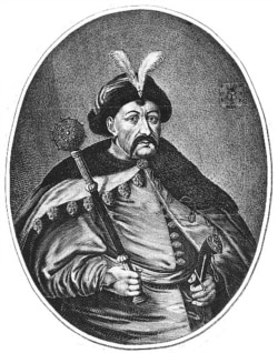 Богдан Хмельницький, портрет з гравюри Вільгельма Гондіуса (XVII ст.)