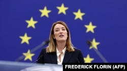 Голова Європейського парламенту Роберта Мецола виступає з промовою 11 березня 2025 року в Страсбурзі (Фото AFP)