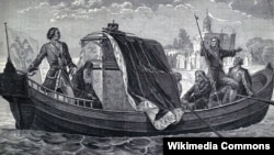 Гравюра ХІХ століття. Петро І перевозить мощі Олександра Невського до Санкт-Петербургу