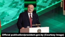 Аляксандар Лукашэнка падчас выступу на ўрачыстым сходзе з нагоды Дня Незалежнасьці, 1 ліпеня 2025 году 