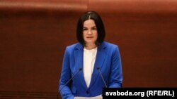 Сьвятлана Ціханоўская падчас выступу ў ПАРЭ.
