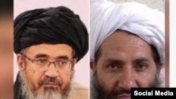 Мулло Ҳайбатуллоҳ Охунзода (аз рост) ва Абдулҳаким Ҳаққонӣ (аз чап).