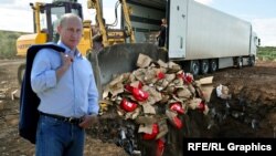 Президент Росії Володимир Путін та знищення санкційних продуктів. Колаж