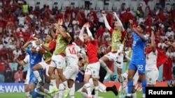 Մարոկկոյի ընտրանին տոնում է հաղթանակը, «Ալ Թումամա մարզադաշտ», Ալ Թումամա, Քաթար, 27 նոյեմբերի, 2022թ.