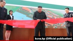 Державне агентство ЦТАК оприлюднило це фото, на якому Кім Чен Ин (с) урочисто перерізає стрічку, в своєму повідомленні за 2 травня 2020 року