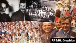 Коллаж. Фото разных эпох истории «Артека». Гости лагеря: в верхнем углу Иосиф Сталин, в нижнем – Юрий Гагарин