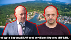 Премиерът Росен Желязков (вляво) и блогърът Боян Юруков на фона на предвиденото за продан рибарски селище край Бургас. Колаж: Свободна Европа