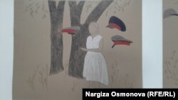 Выставка «Не_не_не». Один из рисунков Малики Умаровой в проекте «Кепки» - сделаны они по следам событий 2 июня 2017 года на улице Душанбинской в Бишкеке, когда местные жители защищали деревья от вырубки.