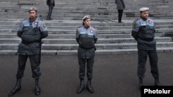 Armenia - Riot police guard the main entrance to Yerevan State University during an opposition protest against official results of the February 18 presidential election, 28Feb2013.