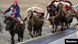 Казахи Синьцзян-Уйгурского автономного района Китая во время кочевки на летние пастбища. 23 сентября  2010 года. Иллюстрационное фото. 