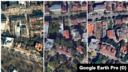 Сателитни снимки показват района през 2003 г. преди началото на разкопките, през 2016 г., когато терените изглеждат обрасли с растителност, и през 2024 г. Снимка: Google Earth Pro/Колаж