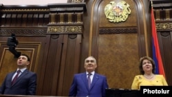 Armenia - Speaker Galust Sahakian (C) and his two deputies open the autumn session of the National Assembly, Yerevan, 15Sep2015.