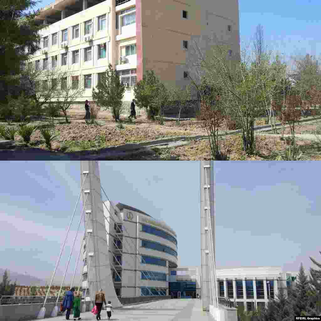 Ýokarda: Aşgabadyň S.A.Niýazow adyndaky keselhanasy Aşakda: Göz formasynda bina edilen Göz kesellerini bejeriş halkara keselhanasy