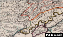 Укрупнений фрагмент карти Московії Ніколи Сансона, опублікована Юбером Жайо («Піратська» версія, видана в 1692 році в Амстердамі П’єром Мортьє). Крим позначений окремо як і лівобережний південь України (Мала Татарія)