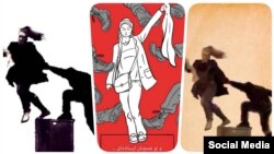 ​​چندین تصویر، کارتون و طرح گرافیکی و خطی از لحظه برخورد پلیس و دختر معترض در شبکه‌های اجتماعی منتشر شده‌است