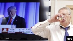 Председатель Либерально-демократической партии России Владимир Жириновский пьет за победу Дональда Трампа на выборах президента США. Москва, 9 ноября 2016 года. 