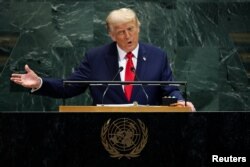 Президент США Дональд Трамп обращается к 80-й Генеральной Ассамблее Организации Объединенных Наций в штаб-квартире ООН в Нью-Йорке. США, 23 сентября 2025 года